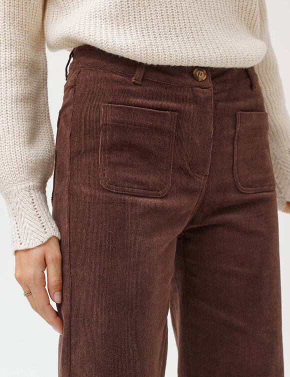 Pantalon velours coupe large taille haute, petite stature (chocolat)