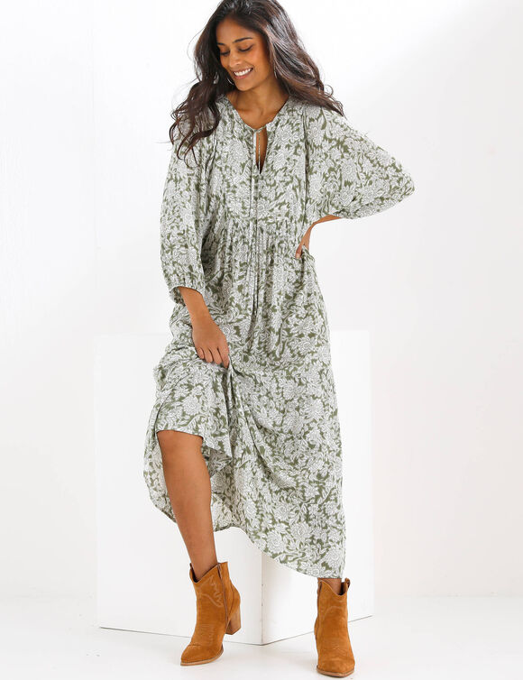 Robe longue imprim&eacute;e, cr&eacute;pon (kaki)