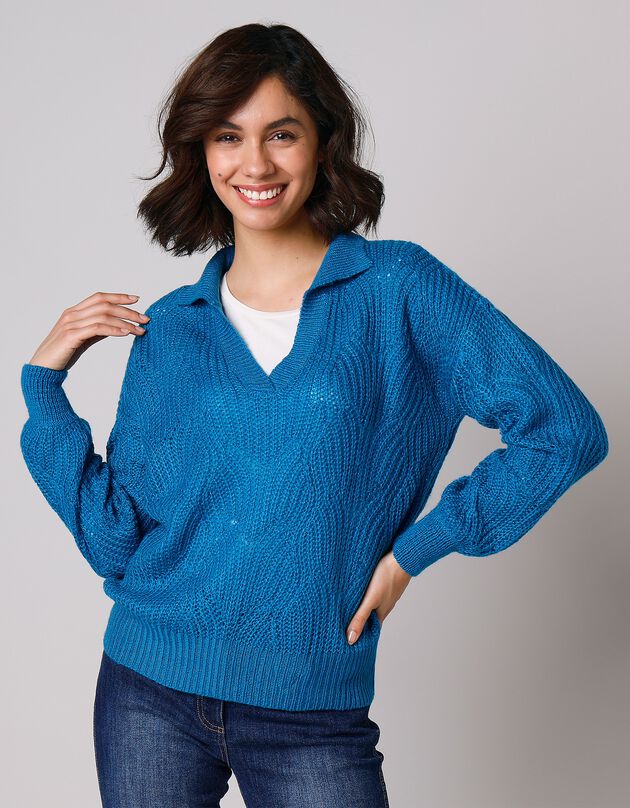 Pull manches bouffantes - col polo (bleu paon)
