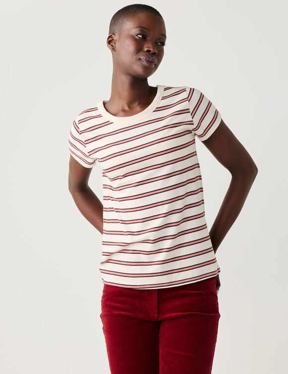 Gestreepte T-shirt van geverfde draden, met ronde hals en korte mouwen (ecru / roze)
