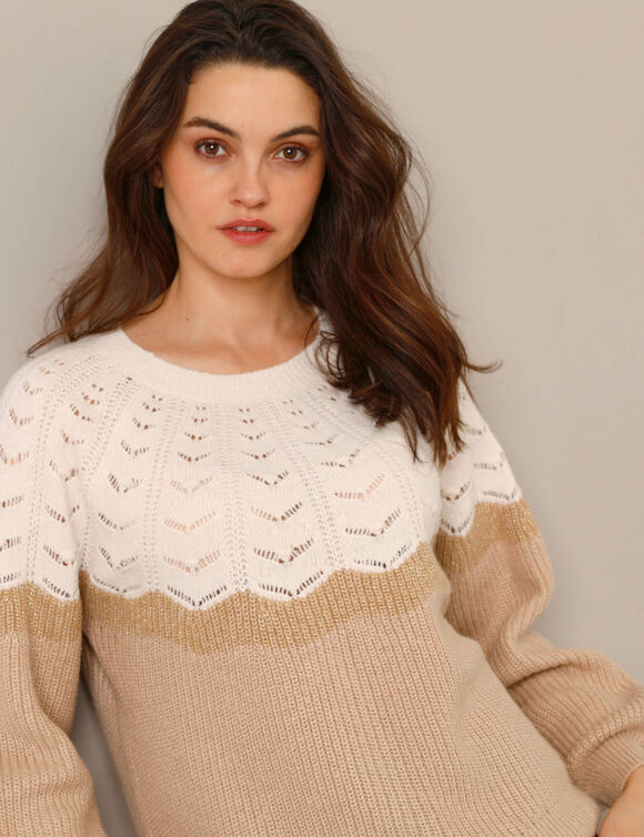 Pull col rond, maille anglaise toucher doux (écru / beige)