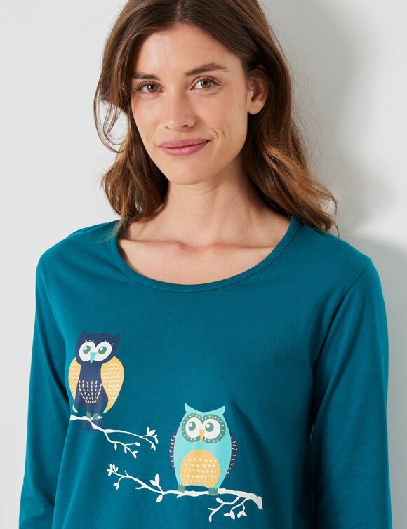 Pyjama en coton imprim&eacute; hiboux manches longues  (vert sapin)
