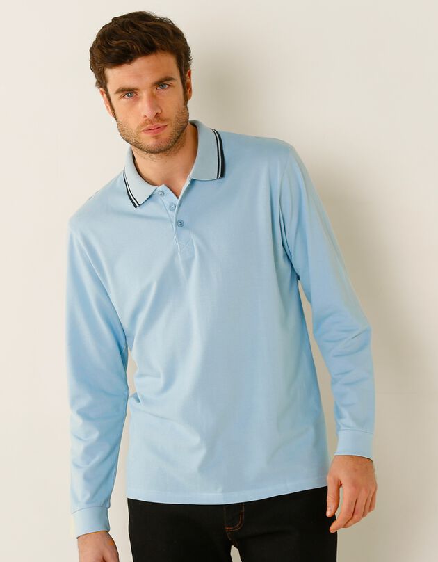 Polo uni maille piquée manches longues, ciel Polo uni maille piquée manches longues, ciel, hi-res