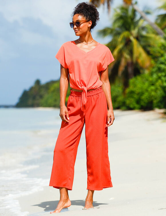 Pantalon large uni, effet seersucker (paprika)