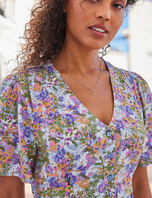 Robe boutonnée manches "papillon" imprimée (bleu grisé)