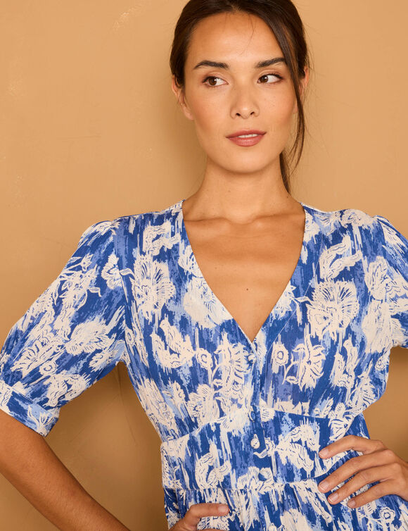 Robe longue imprimée, évasée (bleu)