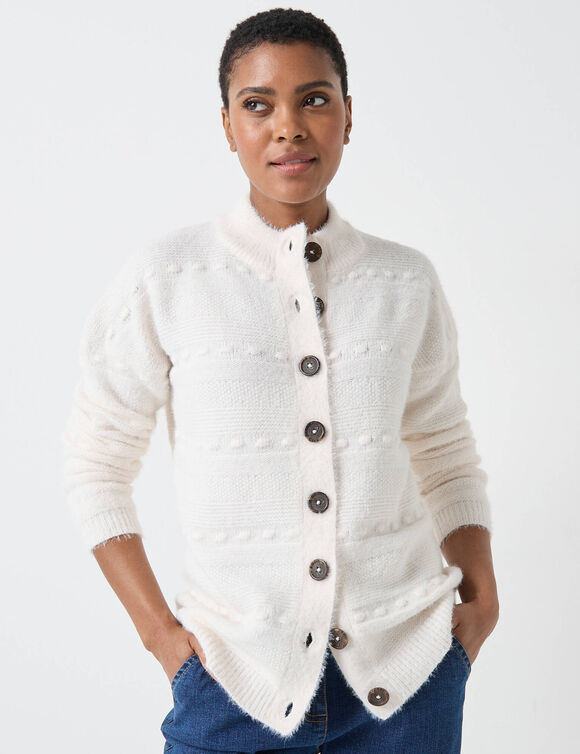 Cardigan boutonné maille poilue fantaisie (écru)