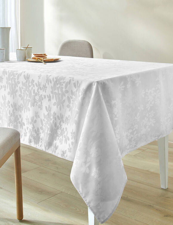 Tafellaken met damastpatroon met gebladerde motieven (wit)