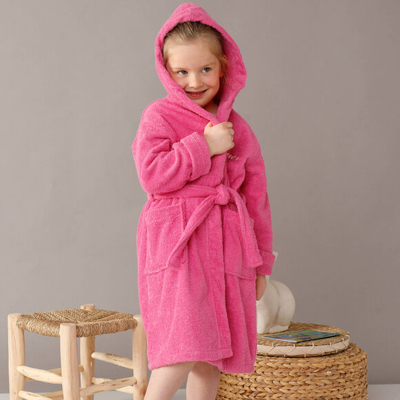 Gepersonaliseerde badjas met capuchon voor kinderen - lusjesbadstof 340 g/m&sup2; (fuchsia)