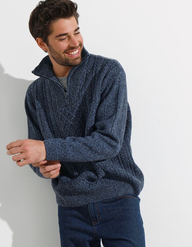 Kabeltrui met truckerskraag (gespikkeld blauw)