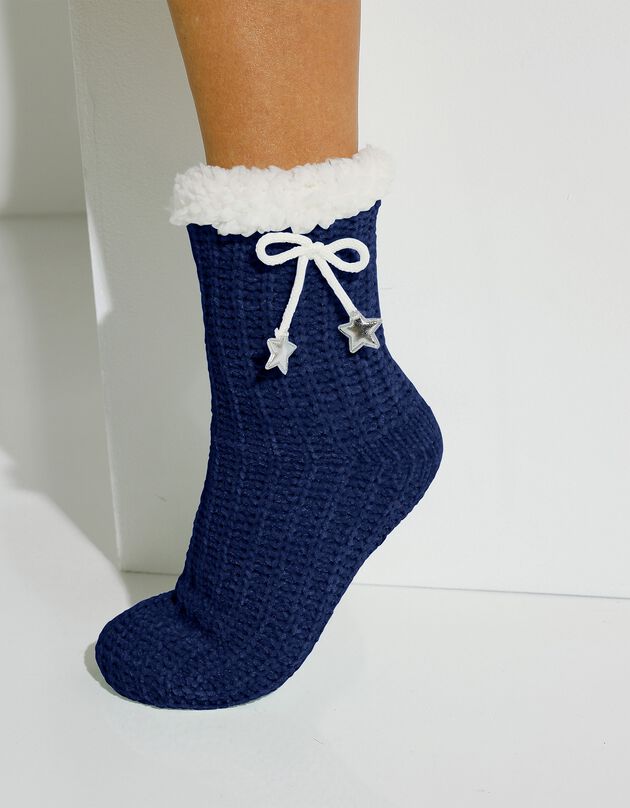 Chaussons-chaussettes maille chenille fourrés - noeud étoiles (marine)