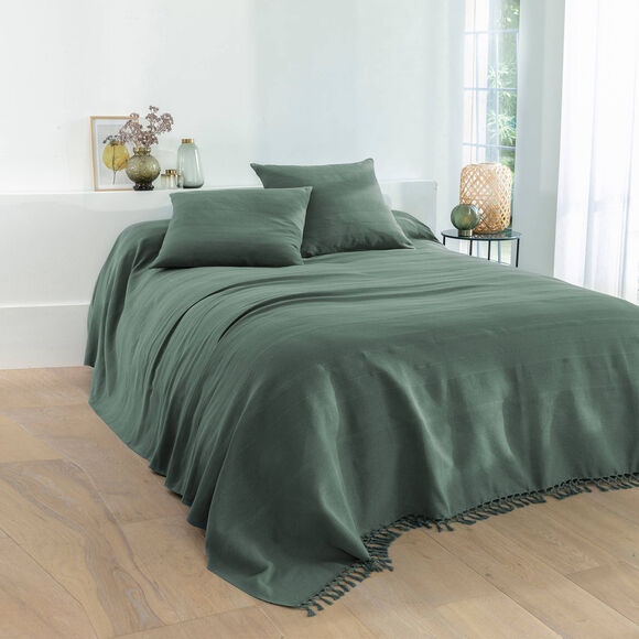  Plaid ou jeté uni coton tissage artisanal (vert grisé)