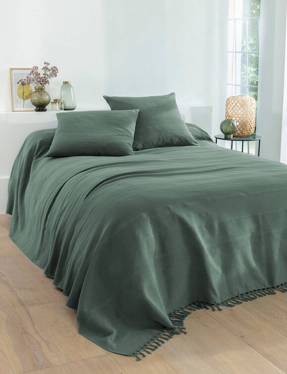   Plaid ou jeté uni coton tissage artisanal (vert grisé)