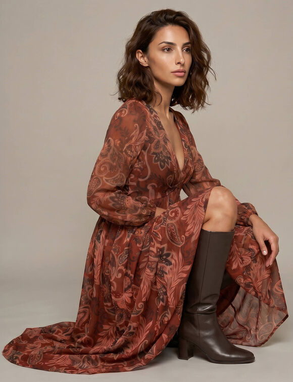Robe longue col V, voile imprim&eacute; fleurs indiennes XXL (bordeaux)