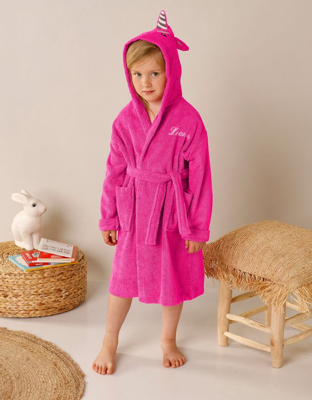 Vermommingsbadjas voor kids met eenhoornmotief en kap, personaliseerbaar (fuchsia)
