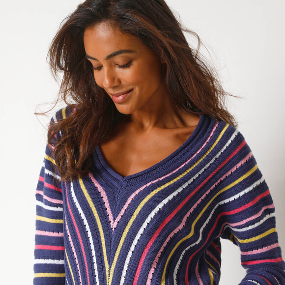 Pull V maille fantaisie, rayures graphiques (indigo / multicolore)