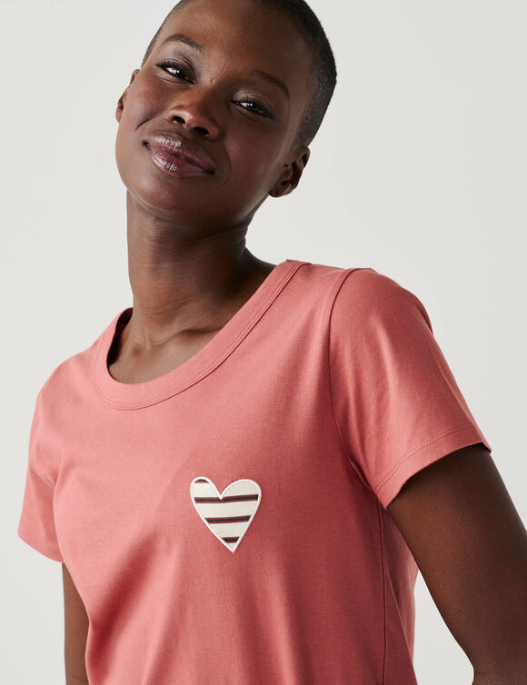 Effen T-shirt met 'hart' borduursel, korte mouwen (rozenhout)