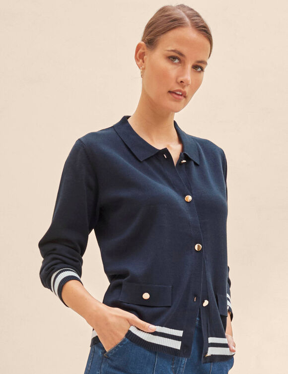 Gilet col polo, coton m&eacute;lang&eacute; (marine / blanc)