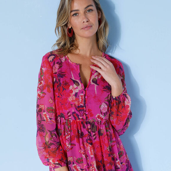 Robe col fendu imprim&eacute;e, voile (violine / marine)