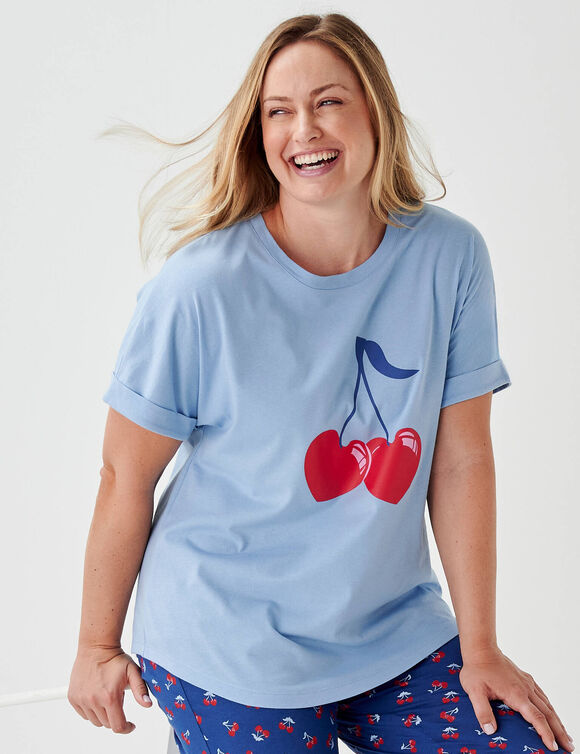 Pyjama court imprim&eacute; "cerises" manches courtes (ciel / marine)