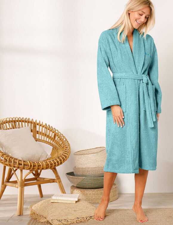 Unisex badjas voor volwassenen met gepersonaliseerde sjaalkraag - lusjesbadstof 380 g/m&sup2; (watergroen)