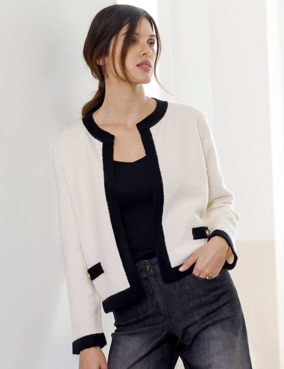 Cardigan bicolore esprit veste, en maille jersey (écru / noir)