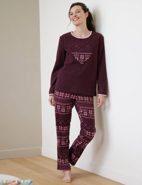 Pyjamabroek met bedrukte harten, fleece (pruim)