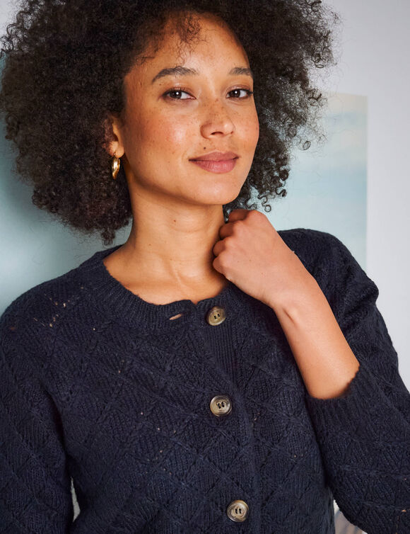 Gilet boutonné, maille ajourée toucher doux (marine)