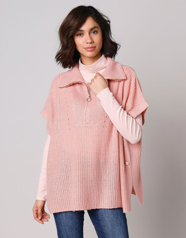 Pull poncho zippé manches courtes fentes boutonnées (rose poudré)