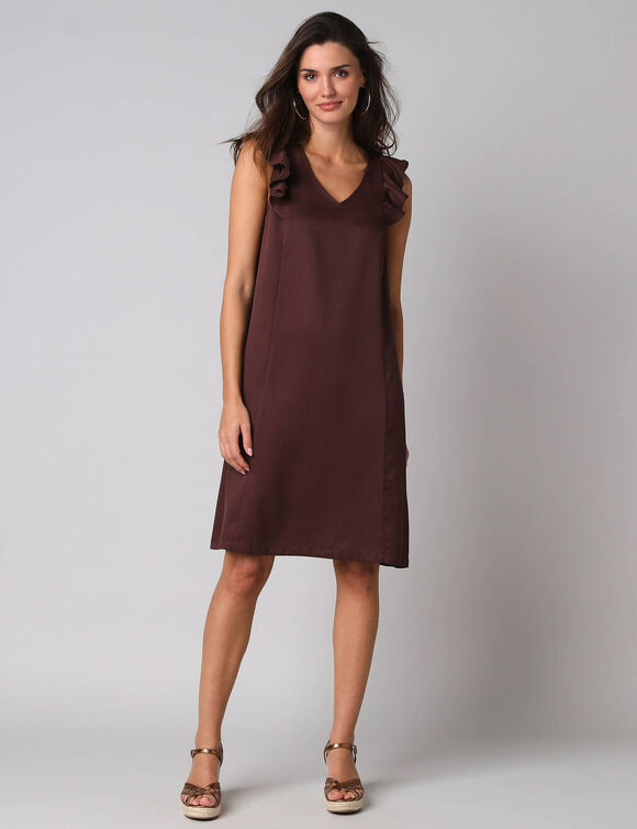 Robe courte col V unie, &agrave; mancherons volant&eacute;s (chocolat)