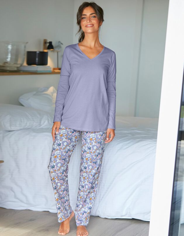 Pantalon pyjama coton imprimé "pétales" (parme / écru)