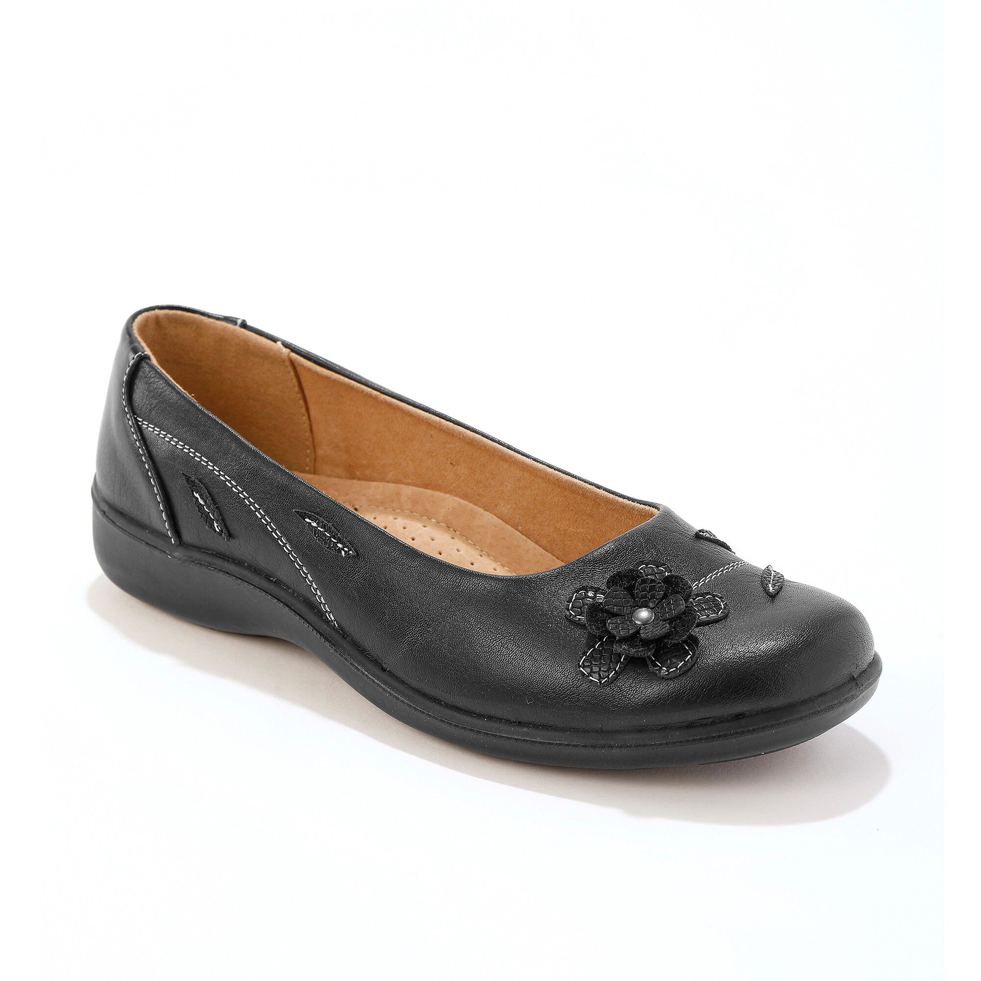 Comfortabel brede leren ballerina's met bloemapplicatie - zwart |  Blancheporte