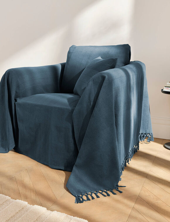 Plaid of sprei, effen katoen met artisanaal weefsel (marineblauw)