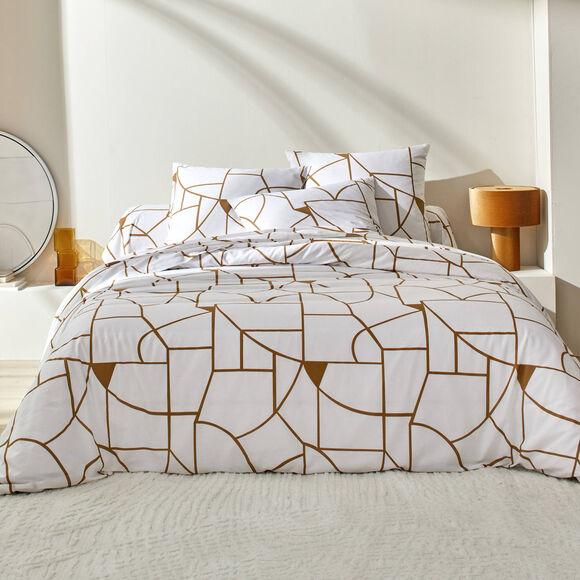 Linge de lit Geoffroy en coton &agrave; motifs graphiques (blanc)