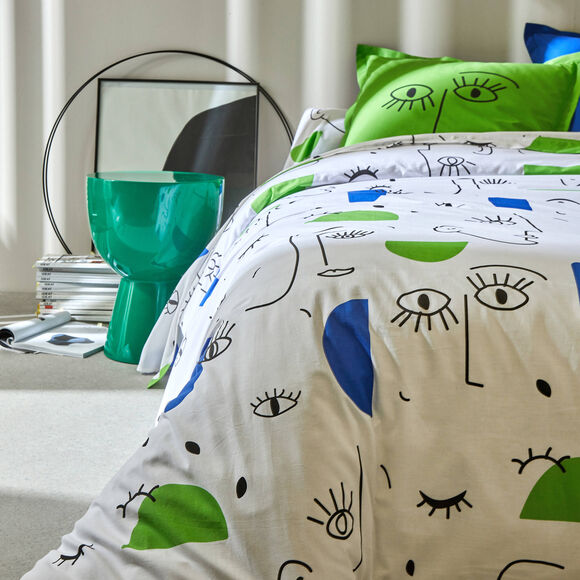 Linge de lit Vitaly coton à motifs visages (blanc / bleu)