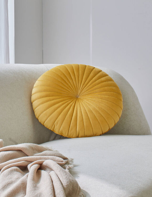 Coussin rond capitonné en velours (jaune)