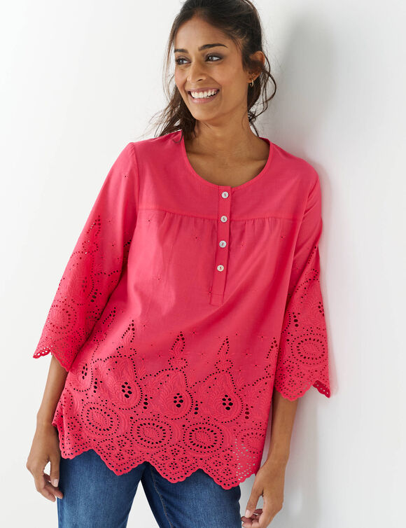 Effen bloes met 3/4-mouwen, broderie anglaise (framboos)