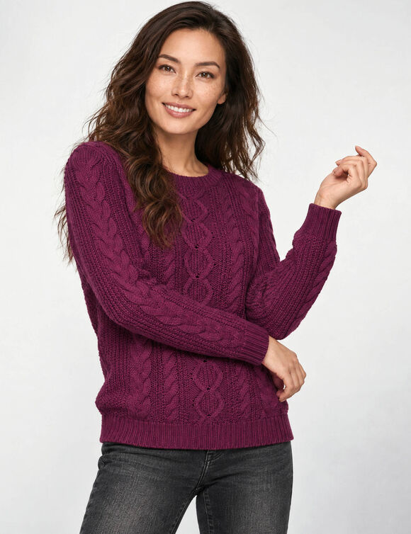 Trui in kabeltricot, ronde hals (pruim)