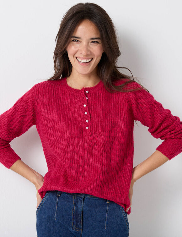 Trui met Tunesische hals, patenttricot met zachte touch (framboos)