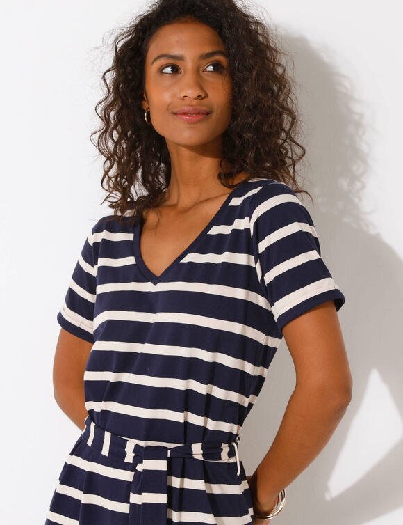 Robe mi-longue ceinturée col V, maille rayée (marine / écru)