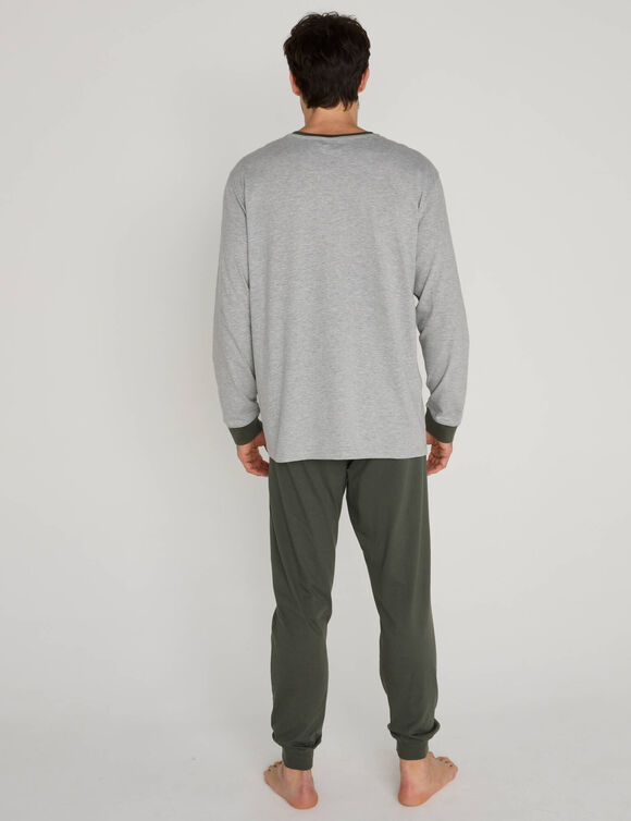Pyjama pantalon jersey, col V contrast&eacute; (kaki / gris chin&eacute;)