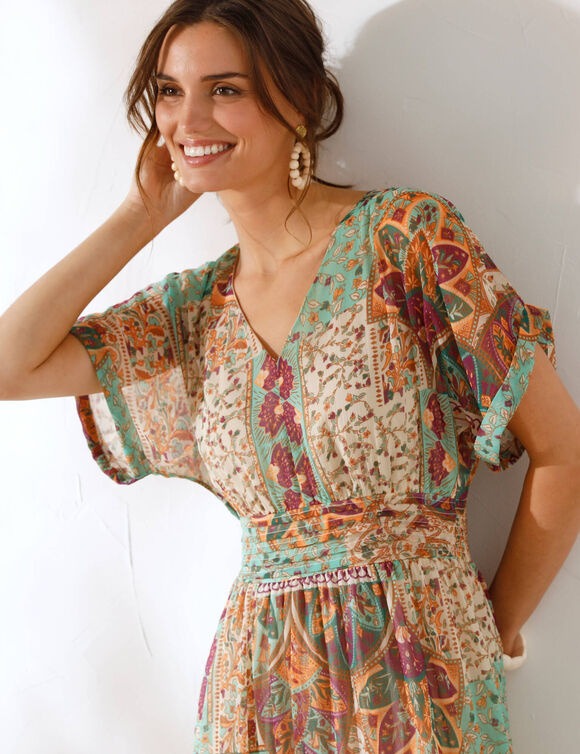 Robe longue imprimée, voile (écru / menthe)