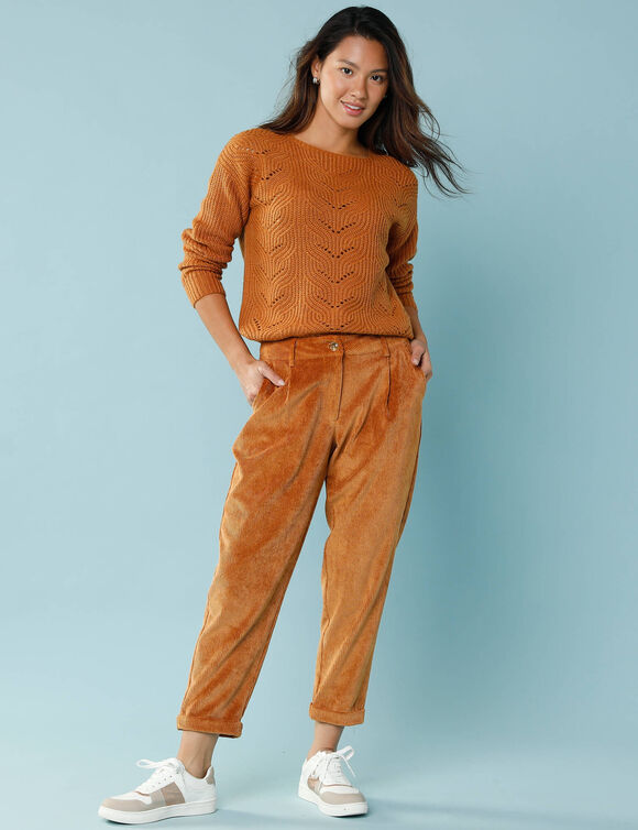 Trui met lange mouwen en ronde hals, pareltricot, speciaal voor kleine lengtes (honing)