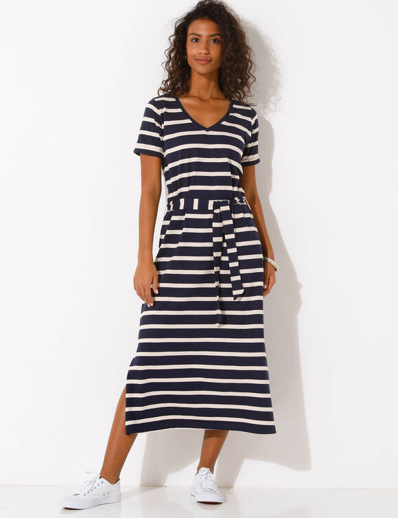 Robe mi-longue ceinturée col V, maille rayée (marine / écru)