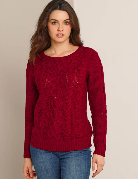 Pull col rond, maille torsad&eacute;e (rouge fonc&eacute;)