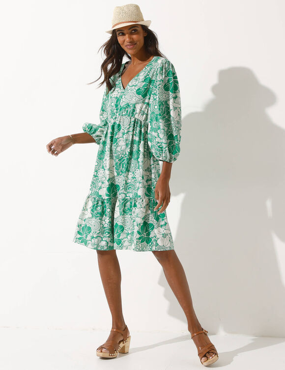 Robe courte imprimé fleuri (écru / vert)