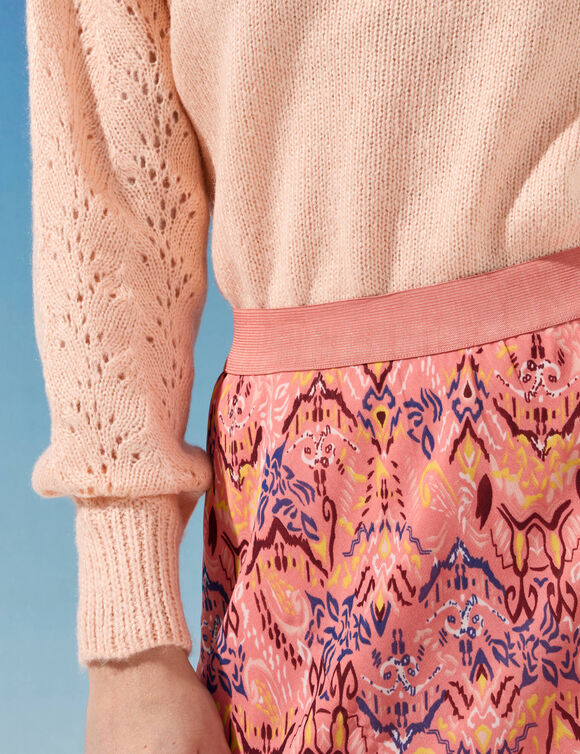 Jupe longue imprimé ikat, taille élastiquée (rose)