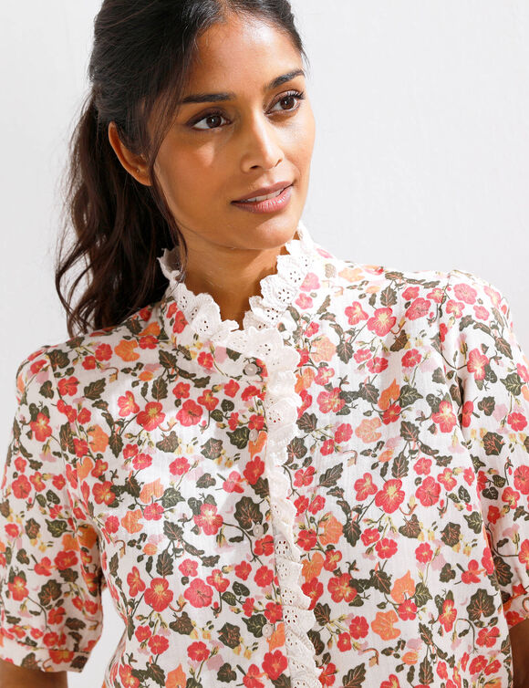 Chemisier en gaze de coton, imprim&eacute; fleuri (kaki / roze)