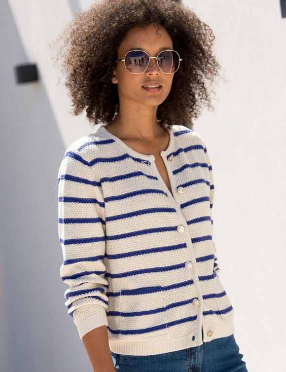 Gestreepte cardigan met officiersknopen, fantasietricot (ecru / paars)