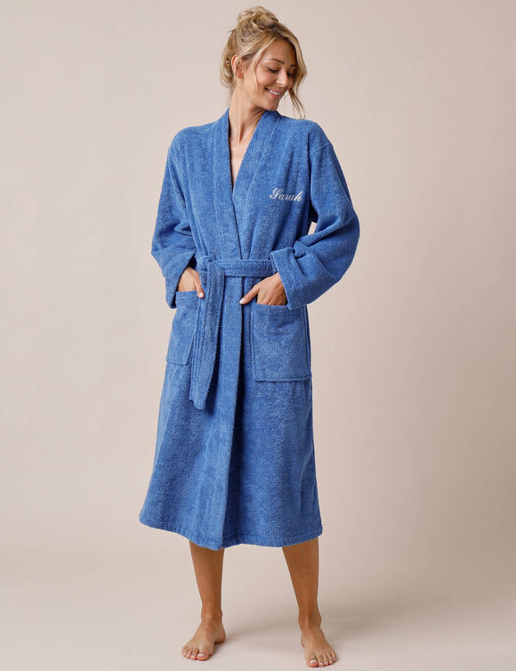 Effen badjas in lusjesbadstof met kimonokraag, volwassenen, gepersonaliseerd (felblauw)